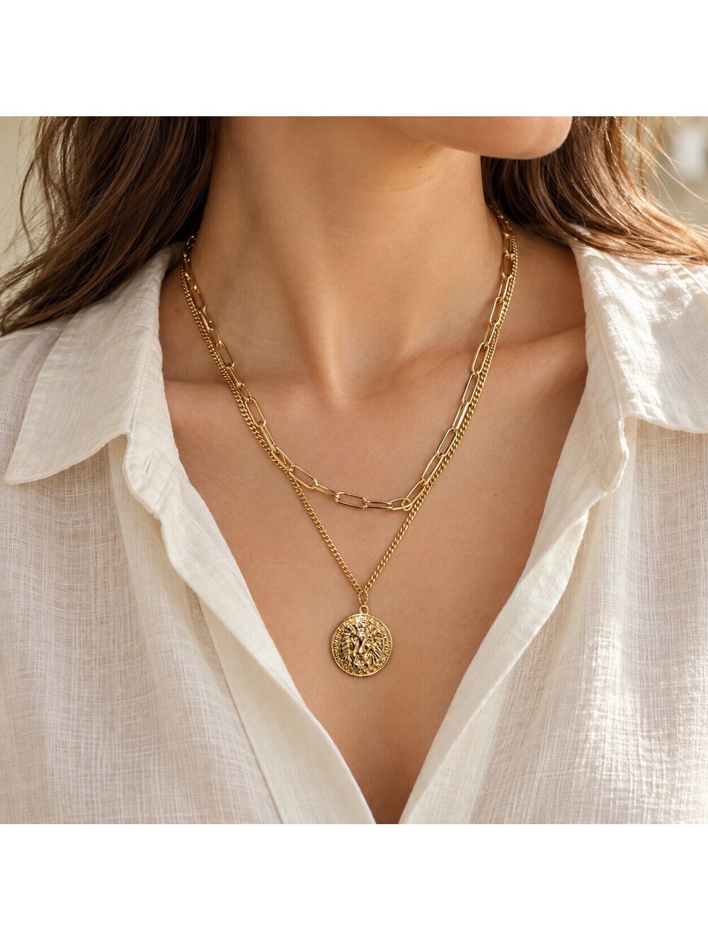 18K Gold-Plated Layered Necklace with Round Medallion Pendant, 14.5” and 17”